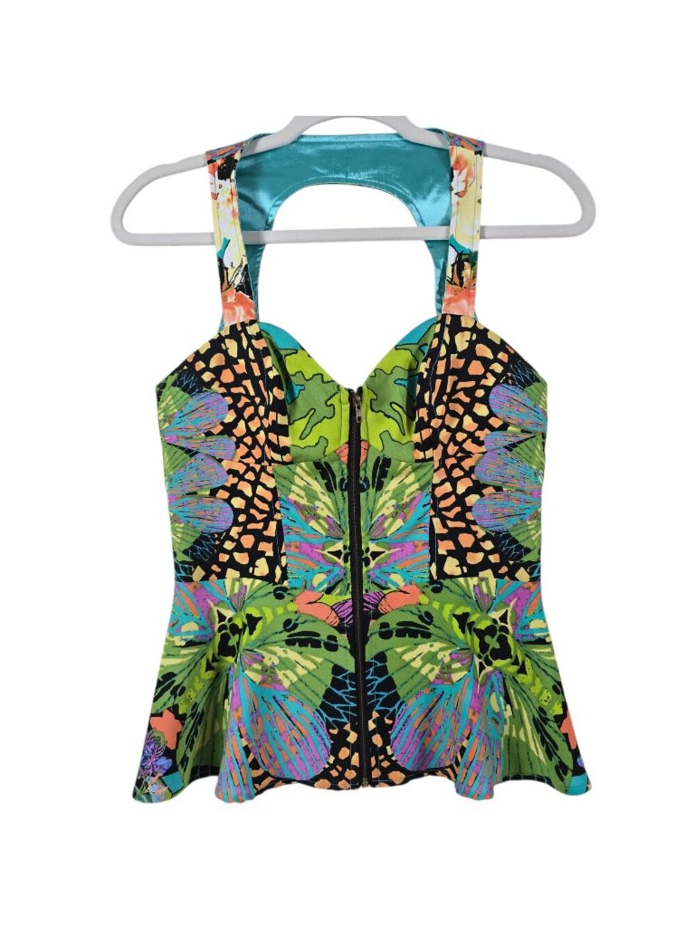 2B Bebe Women Multicolor Abstract Butterfly Fairy Whimsical Bustier Peplum Top S